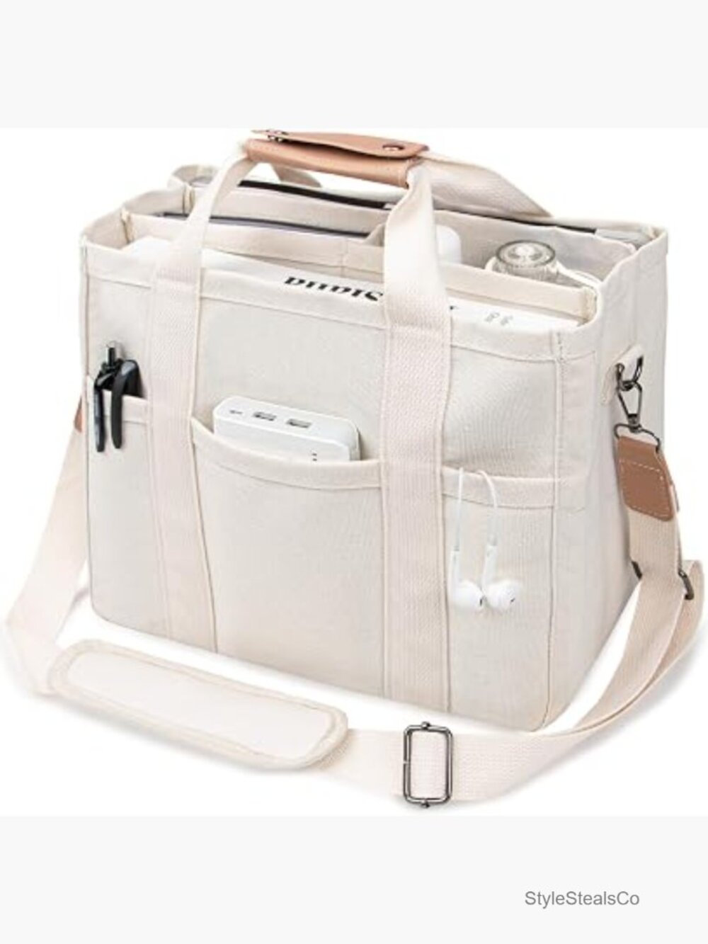 Canvas Tote Bag with Multi-Pocket Large Crossbody Shoulder Handbag